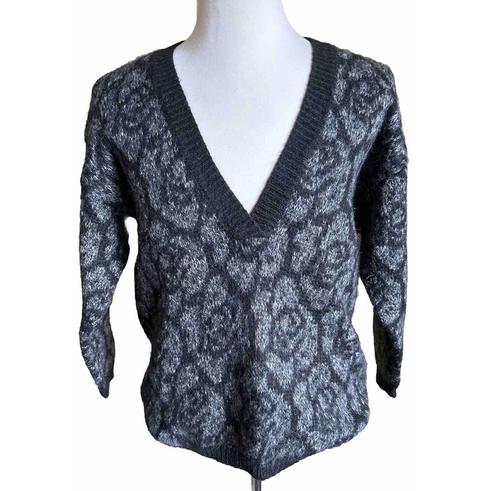 United Colours Of Benetton Sweater V Neck L Italy 3/4 Sleeves Black Grey VTG